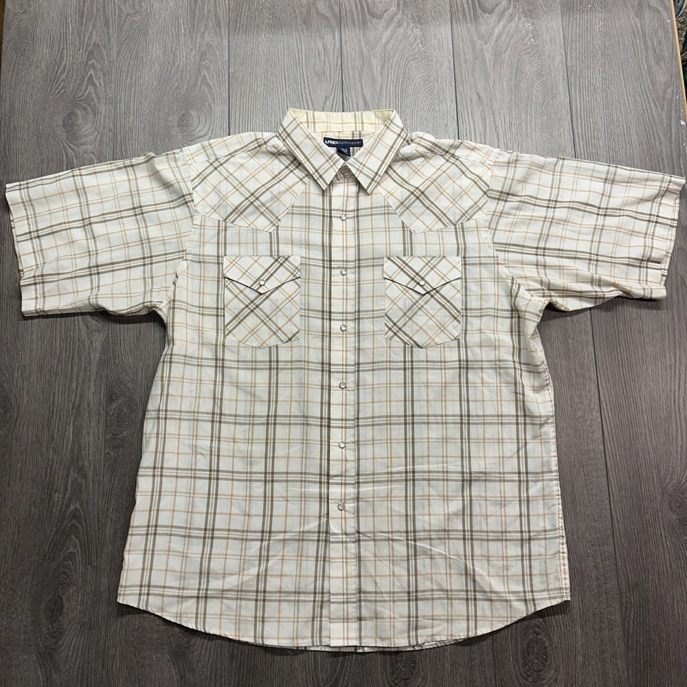 MWG Apparel Mens XL Vintage Plaid Western Pearl Snap Short Sleeve Shirt Tan